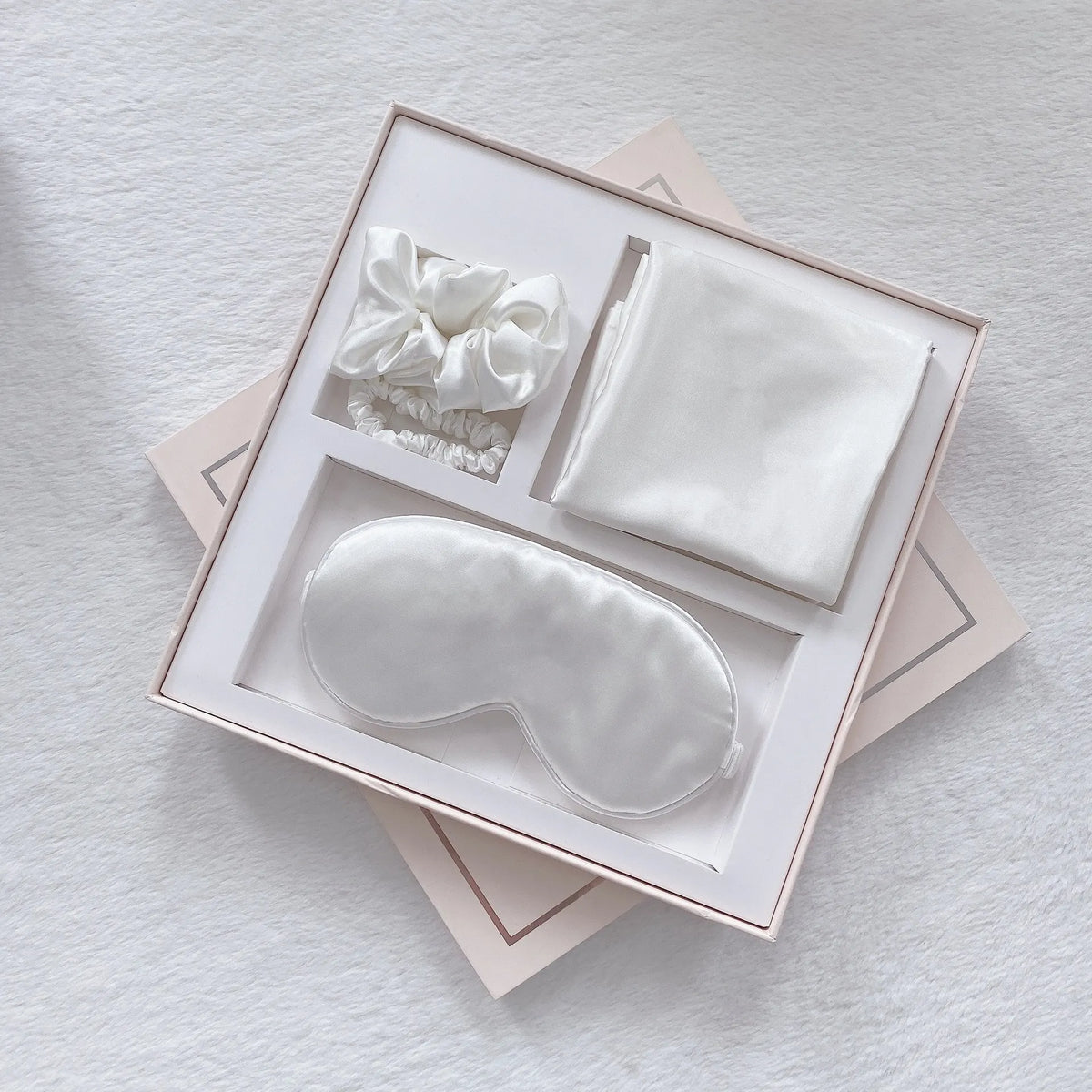 Luxury Satin Sleep Mask Gift Set,4-Piece with Pillowcase and Hair Accessories(White)