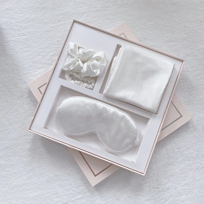 Luxury Satin Sleep Mask Gift Set,4-Piece with Pillowcase and Hair Accessories(White)