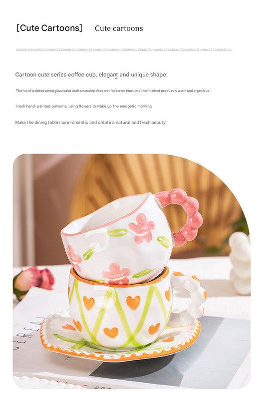 Hand-Painted Ceramic Coffee Mug and Saucer Set - Whimsical Afternoon Tea Cup with Spoon(White cloud-green) - Image 6