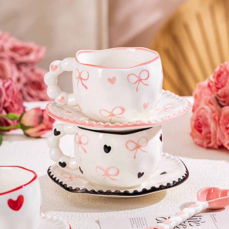 Hand-Painted Ceramic Coffee Mug and Saucer Set - Whimsical Afternoon Tea Cup with Spoon(White cloud-pink) - Image 4