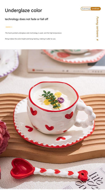 Hand-Painted Ceramic Coffee Mug and Saucer Set - Whimsical Afternoon Tea Cup with Spoon(Red rose) - Image 8