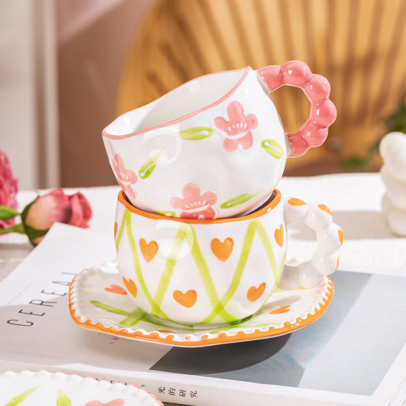 Hand-Painted Ceramic Coffee Mug and Saucer Set - Whimsical Afternoon Tea Cup with Spoon(Pink-edged bow) - Image 2