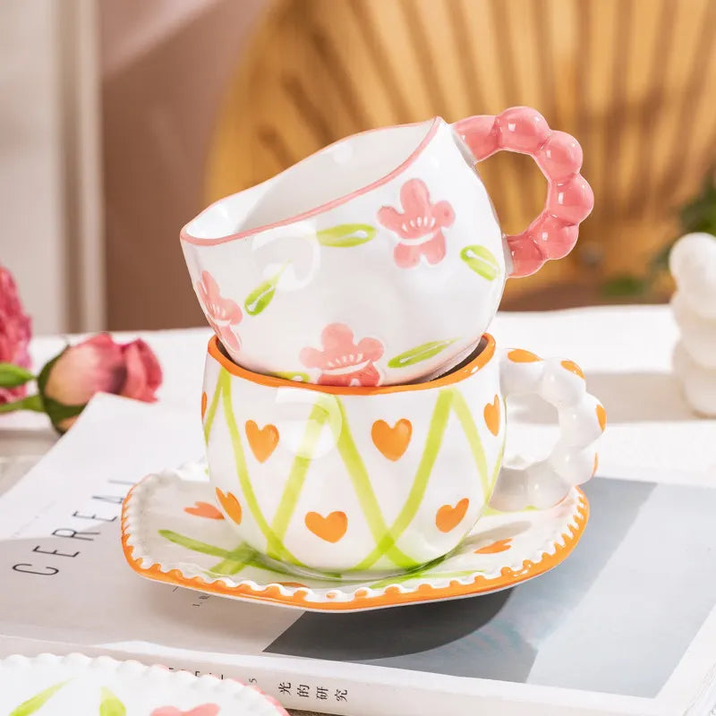 Hand-Painted Ceramic Coffee Mug and Saucer Set - Whimsical Afternoon Tea Cup with Spoon(Pink-edged bow) - Image 2