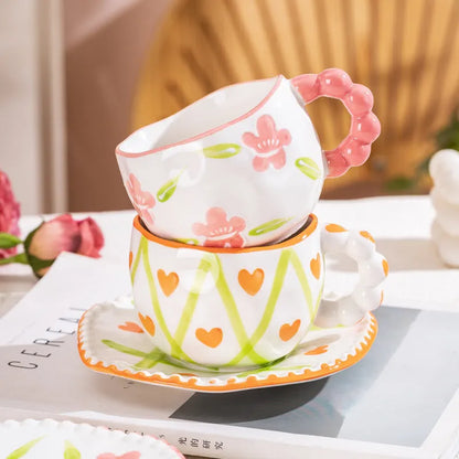 Hand-Painted Ceramic Coffee Mug and Saucer Set - Whimsical Afternoon Tea Cup with Spoon(Pink-edged bow) - Image 2