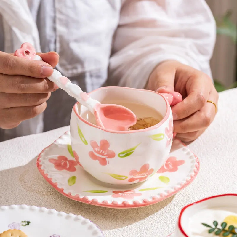Hand-Painted Ceramic Coffee Mug and Saucer Set - Whimsical Afternoon Tea Cup with Spoon(Pink-edged bow) - Image 5