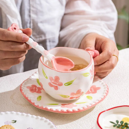 Hand-Painted Ceramic Coffee Mug and Saucer Set - Whimsical Afternoon Tea Cup with Spoon(Pink-edged bow) - Image 5