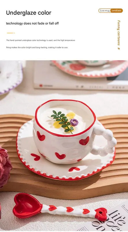 Hand-Painted Ceramic Coffee Mug and Saucer Set - Whimsical Afternoon Tea Cup with Spoon(Pink-edged bow) - Image 8