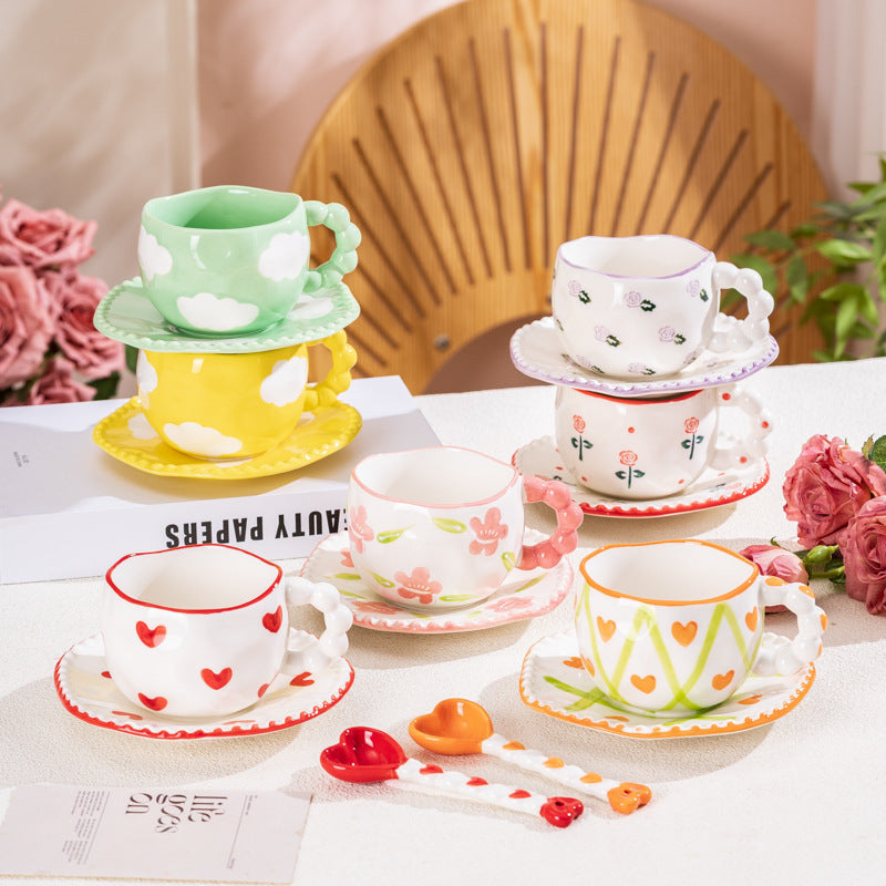 Hand-Painted Ceramic Coffee Mug and Saucer Set - Whimsical Afternoon Tea Cup with Spoon(Smiley pink flower) - Image 3