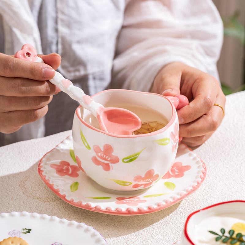 Hand-Painted Ceramic Coffee Mug and Saucer Set - Whimsical Afternoon Tea Cup with Spoon(Smiley pink flower) - Image 5