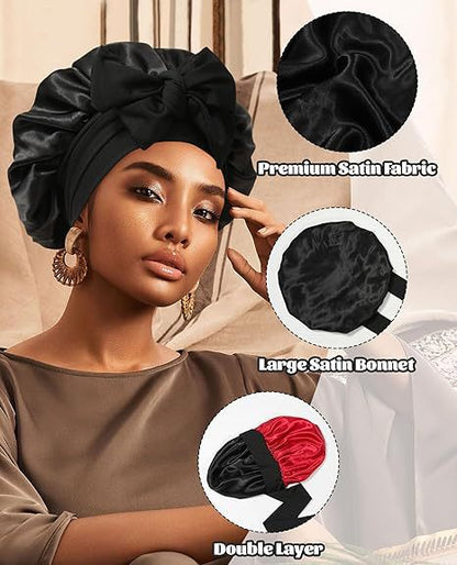 Luxury Double-Sided Satin Bonnet with Elastic Band(Black + bright red lining) - Image 3