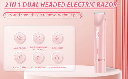 2-in-1 Ladies Electric Shaver & Trimmer - IPX7 Waterproof, USB-C Rechargeable, Dual Head Design(pink) - Image 2