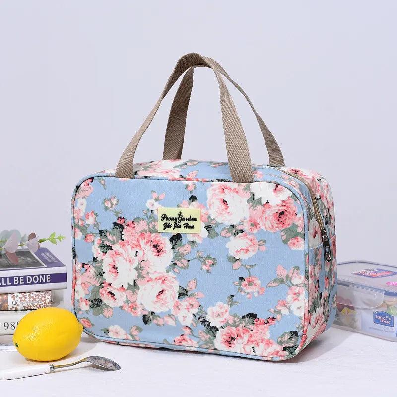 Versatile Portable Handled Bag - Durable Waterproof Fabric, Ideal for Toiletries, Lunch & Travel(Light blue peony)