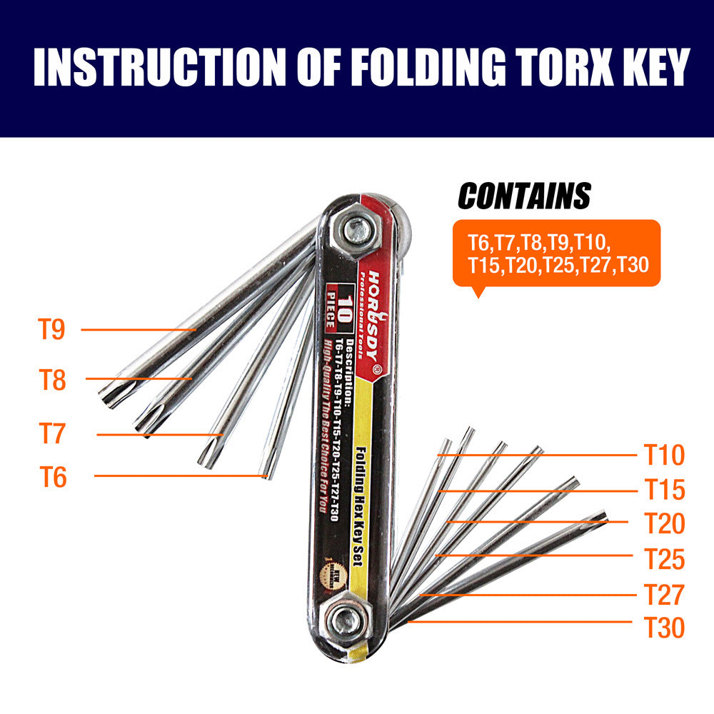 10-Piece Folding Torx Key Wrench Set - T6-T30 Star Keys, Portable Multi-Tool(silver) - Image 2