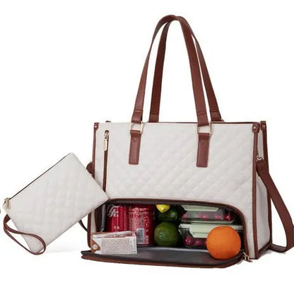 Stylish Quilted Laptop & Lunch Tote Bag , Water-Resistant with Insulated Compartment & Clutch(White)