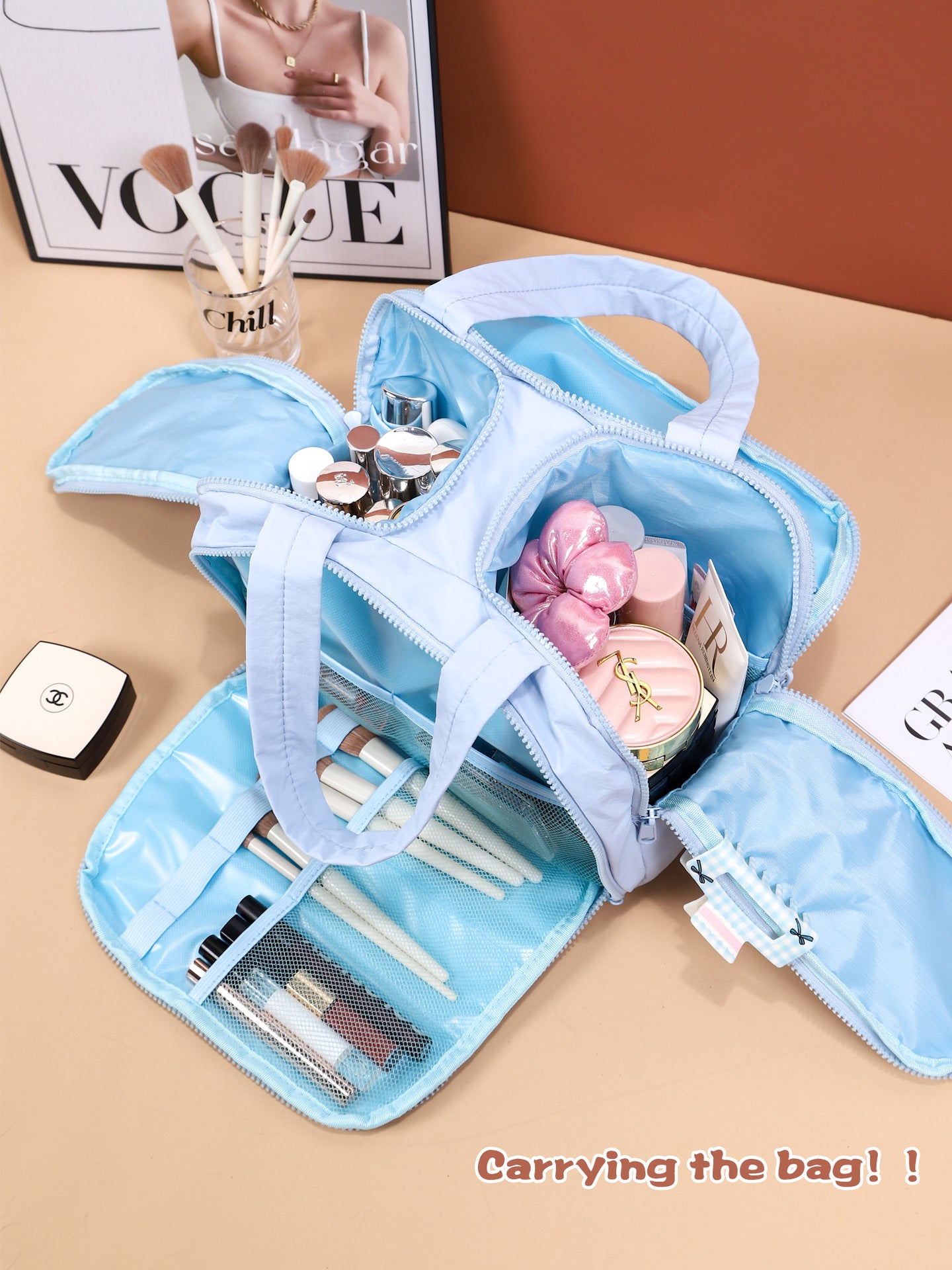 Portable Multi-Compartment Travel Toiletry & Makeup Organizer Bag with Brush Holders(Pink) - Image 2