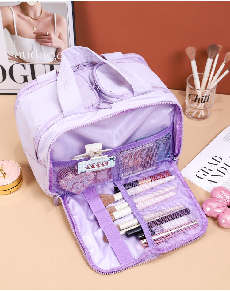 Portable Multi-Compartment Travel Toiletry & Makeup Organizer Bag with Brush Holders(Light purple) - Image 4