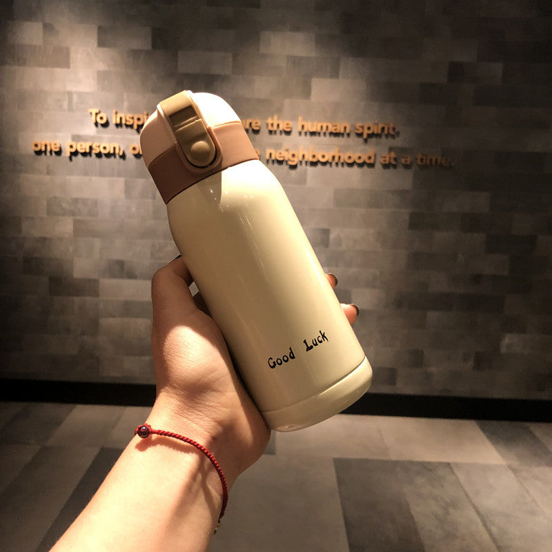Good Luck" Mini Stainless Steel Thermos Flask - 350ml Leakproof Insulated Bottle with Pop-Up Lid & Strap(white)"