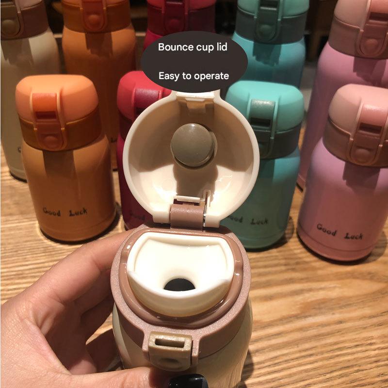 Good Luck" Mini Stainless Steel Thermos Flask - 350ml Leakproof Insulated Bottle with Pop-Up Lid & Strap(pink)" - Image 3