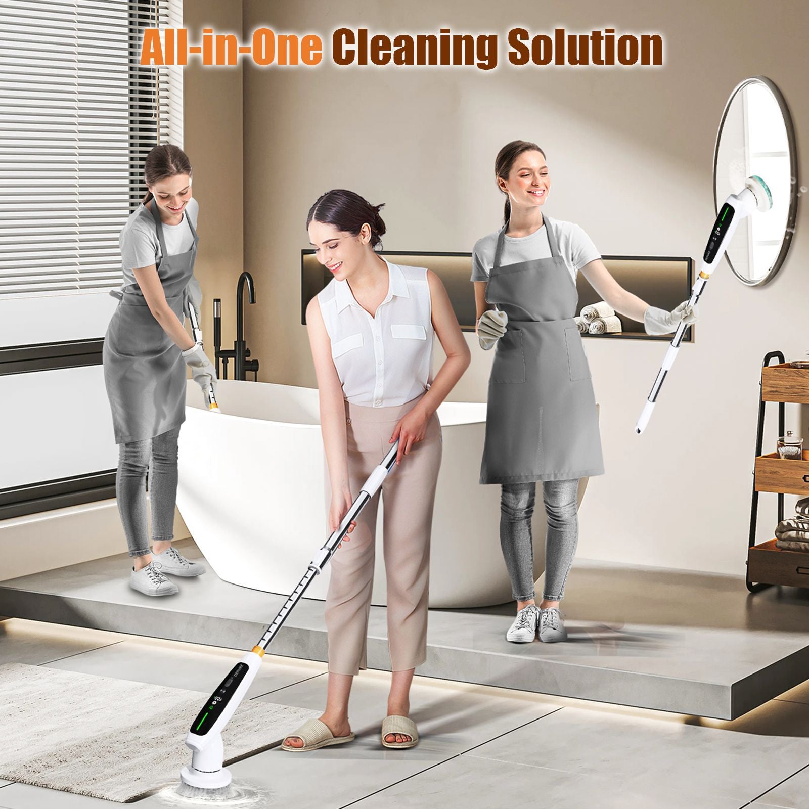 Electric Spin Scrubber with Adjustable Extension Handle & 8 Brush Heads - Smart LED Display - Image 3