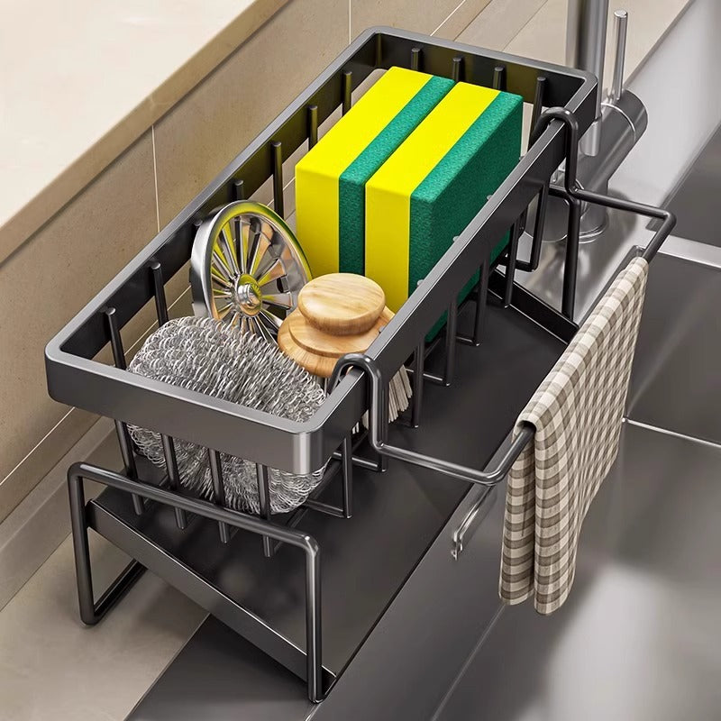 Kitchen Sink Caddy Organizer with Towel Bar & Drain Tray - Durable Metal Sponge Holder(Black) - Image 2
