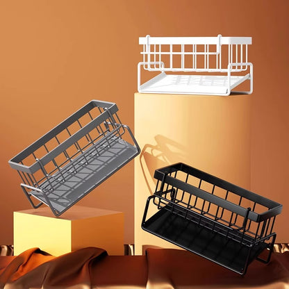 Kitchen Sink Caddy Organizer with Towel Bar & Drain Tray - Durable Metal Sponge Holder(Black) - Image 3