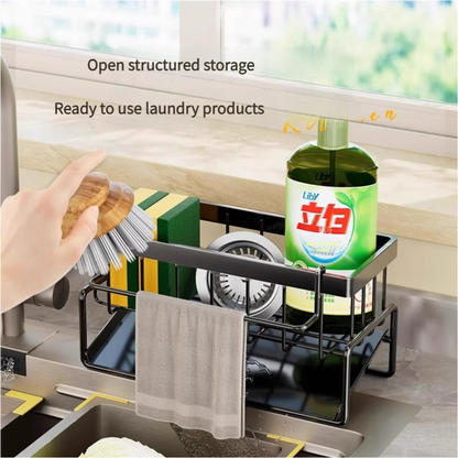 Kitchen Sink Caddy Organizer with Towel Bar & Drain Tray - Durable Metal Sponge Holder(White) - Image 4