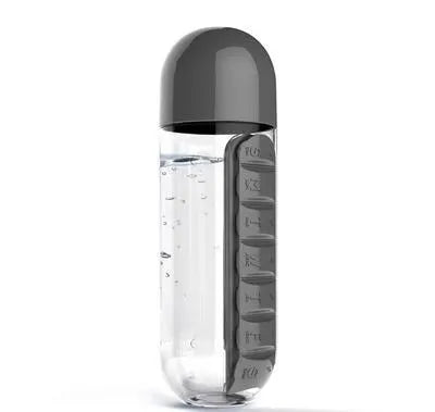 2pc 2-in-1 Water Bottle with 7-Day Pill Organizer - 600ml BPA-Free, Portable & Leakproof(black)