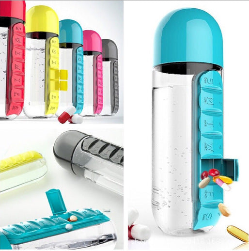 2pc 2-in-1 Water Bottle with 7-Day Pill Organizer - 600ml BPA-Free, Portable & Leakproof(Yellow) - Image 2