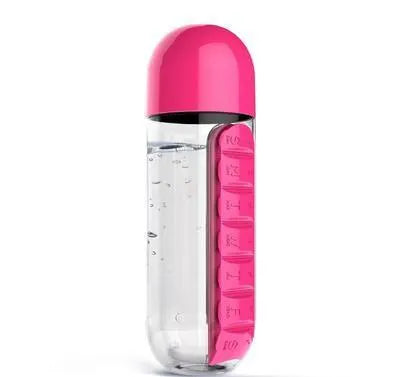 2pc 2-in-1 Water Bottle with 7-Day Pill Organizer - 600ml BPA-Free, Portable & Leakproof(Rose)