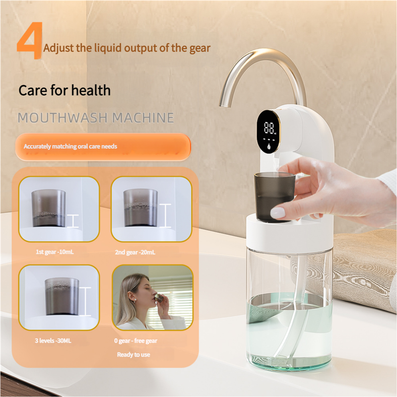 Smart Automatic Mouthwash Dispenser - 4 Adjustable Levels, LED Display, 2000mAh Battery & Magnetic Cups(white) - Image 5
