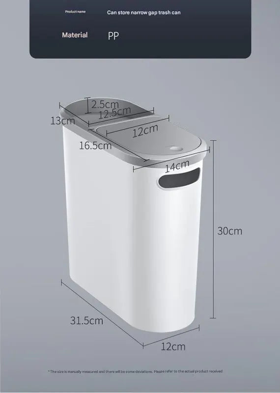 Slim Press-Top Trash Can with Top Storage Compartment - Narrow Design for Bathroom & Small Spaces(White cover + ash bucket) - Image 4
