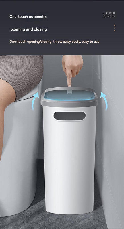 Slim Press-Top Trash Can with Top Storage Compartment - Narrow Design for Bathroom & Small Spaces(White cover + ash bucket) - Image 6