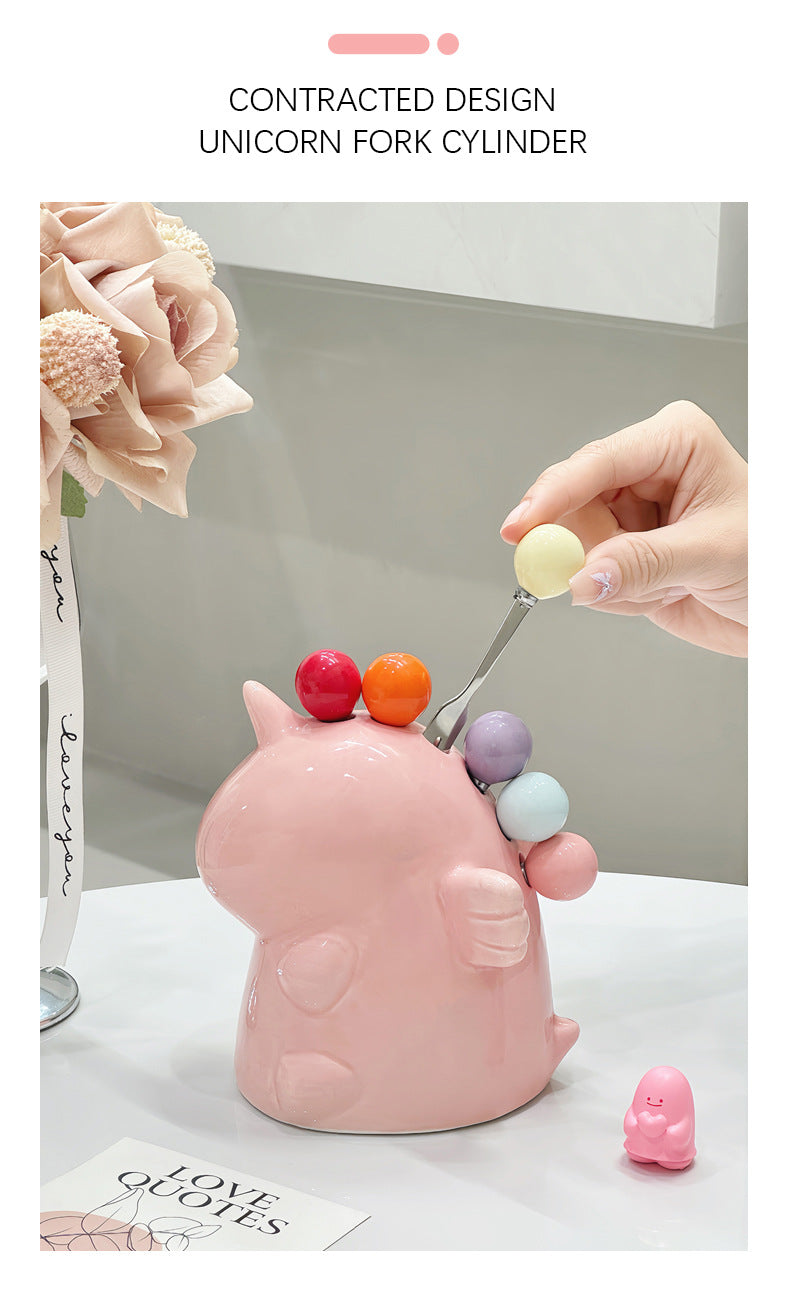 Adorable Unicorn Ceramic Fruit Fork Holder Set - Includes Stainless Steel Forks with Ball Tops(white) - Image 5