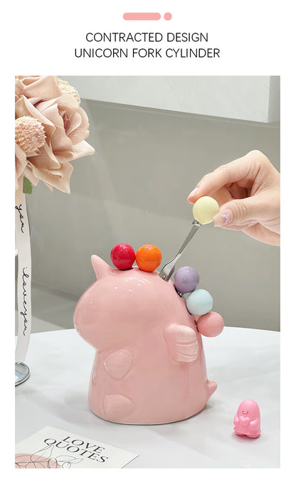 Adorable Unicorn Ceramic Fruit Fork Holder Set - Includes Stainless Steel Forks with Ball Tops(green) - Image 5