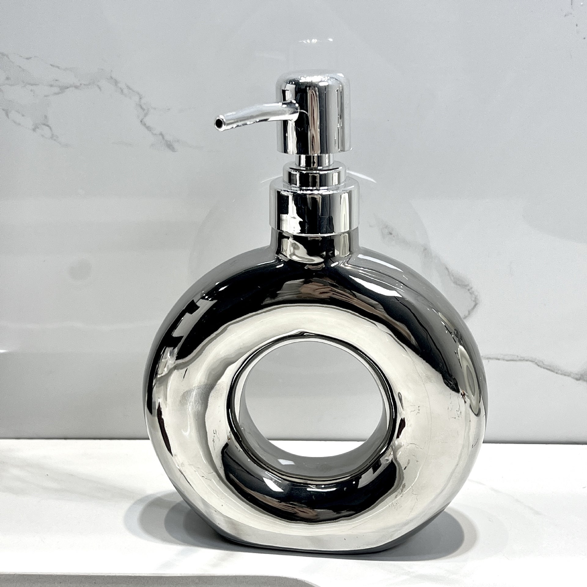 Modern Ceramic Soap & Lotion Dispenser - Unique Geometric Designs, 300ml Capacity(Donut lotion bottle, silver)