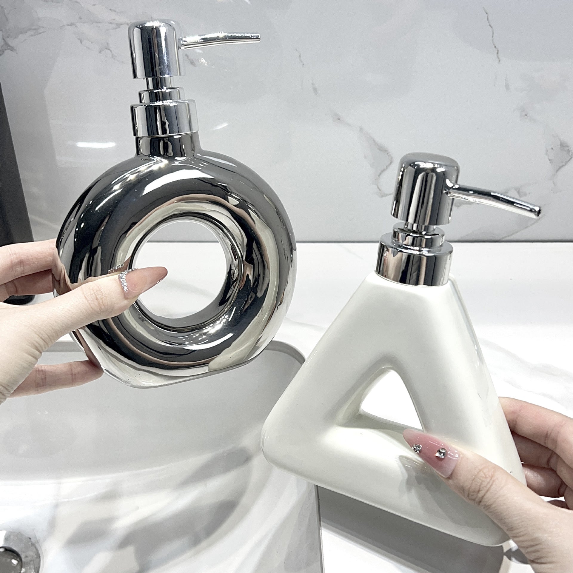 Modern Ceramic Soap & Lotion Dispenser - Unique Geometric Designs, 300ml Capacity(Donut lotion bottle, silver) - Image 2