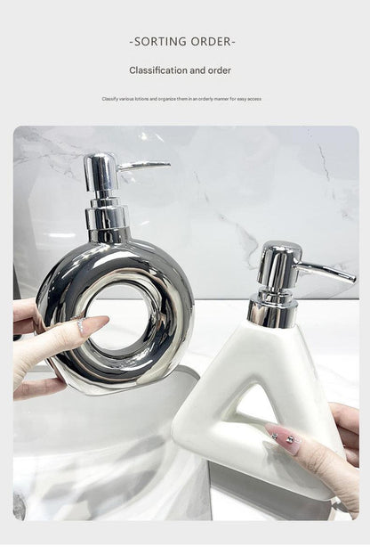 Modern Ceramic Soap & Lotion Dispenser - Unique Geometric Designs, 300ml Capacity(Donut lotion bottle, silver) - Image 5