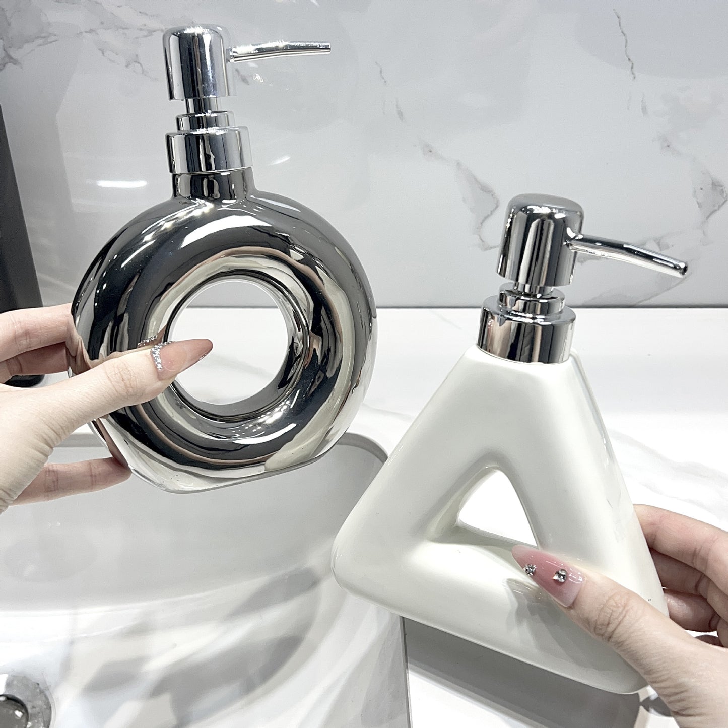 Modern Ceramic Soap & Lotion Dispenser - Unique Geometric Designs, 300ml Capacity(Triangular lotion bottle, milky white) - Image 2