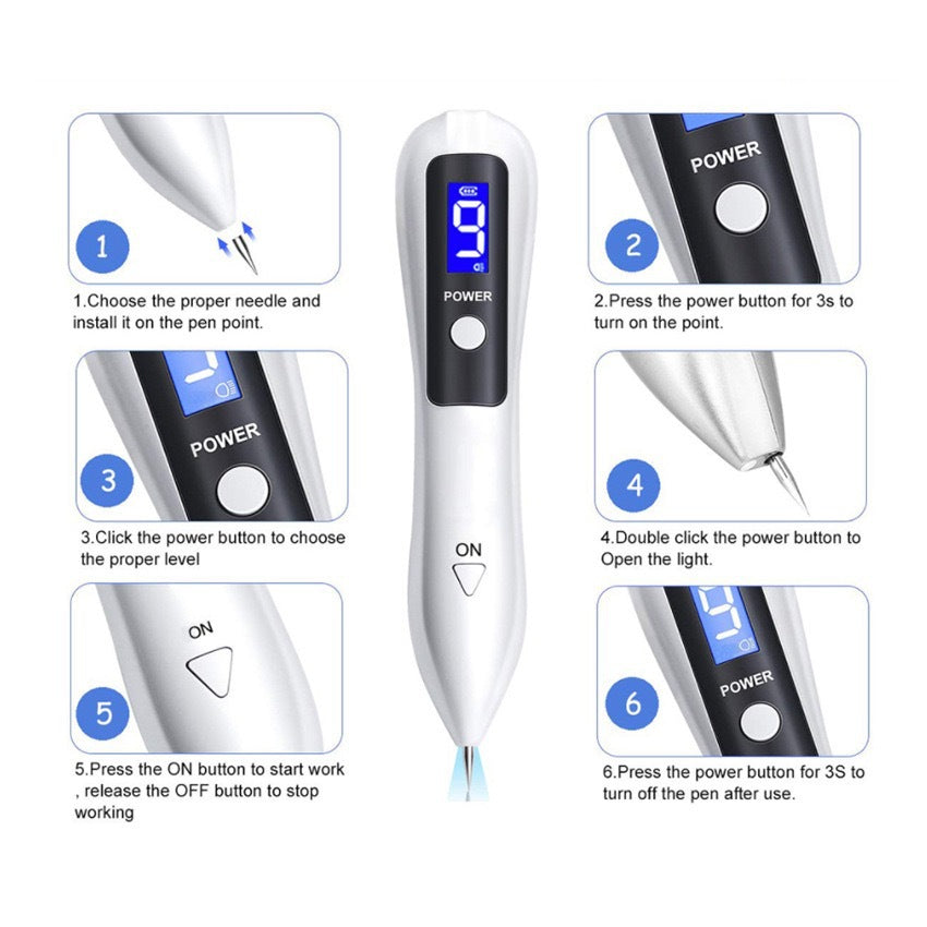 Professional 9-Level Skin Tag & Mole Remover Pen - USB Rechargeable with LED Display & Multiple Needles(Gold) - Image 2