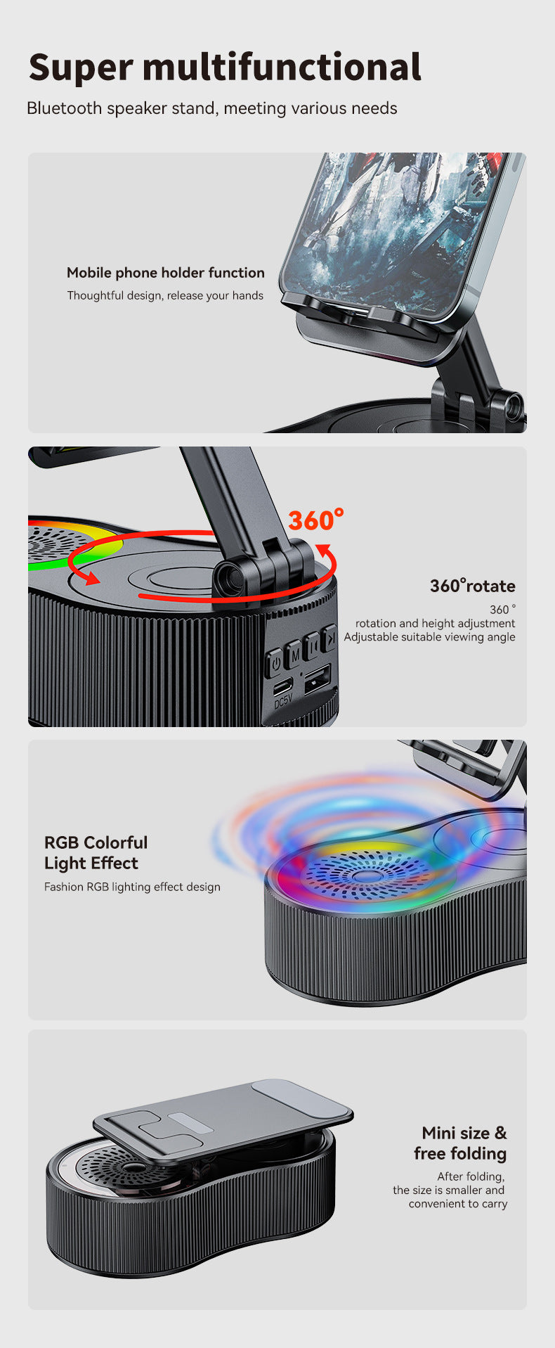 Foldable Bluetooth Speaker with 360 Rotating Phone/Tablet Stand & RGB Lights - HIFI Surround Sound(Pink) - Image 6
