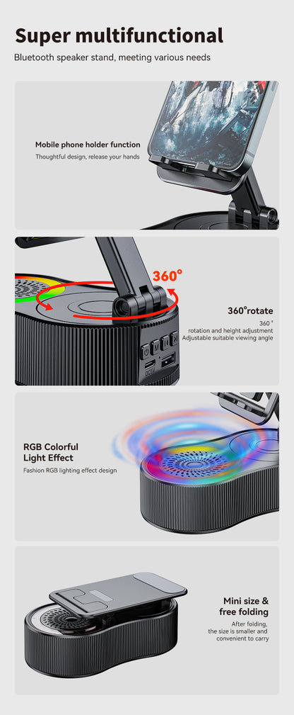 Foldable Bluetooth Speaker with 360 Rotating Phone/Tablet Stand & RGB Lights - HIFI Surround Sound(Pink) - Image 6