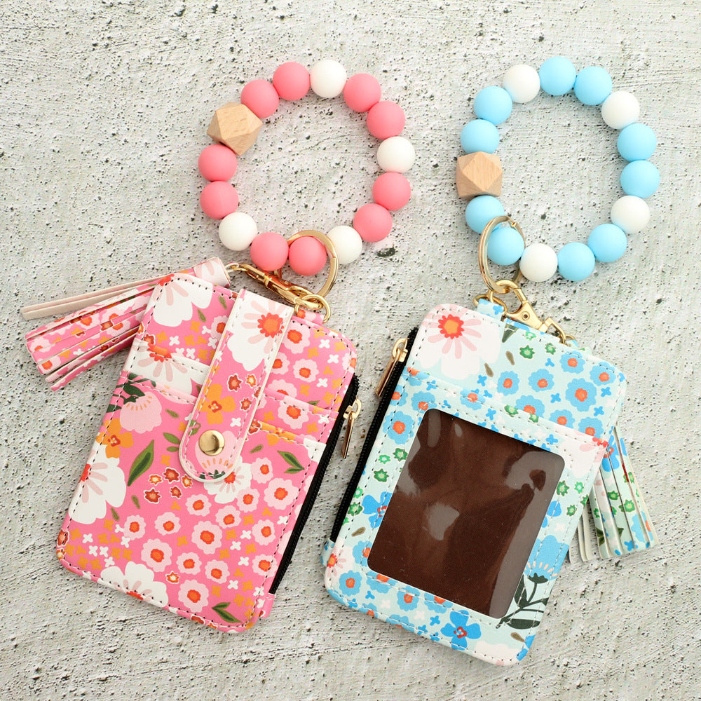 Floral Slim Card Holder Wallet with Beaded Keychain Bracelet & Tassel - 4 Card Slots, ID Window(Light pink) - Image 4