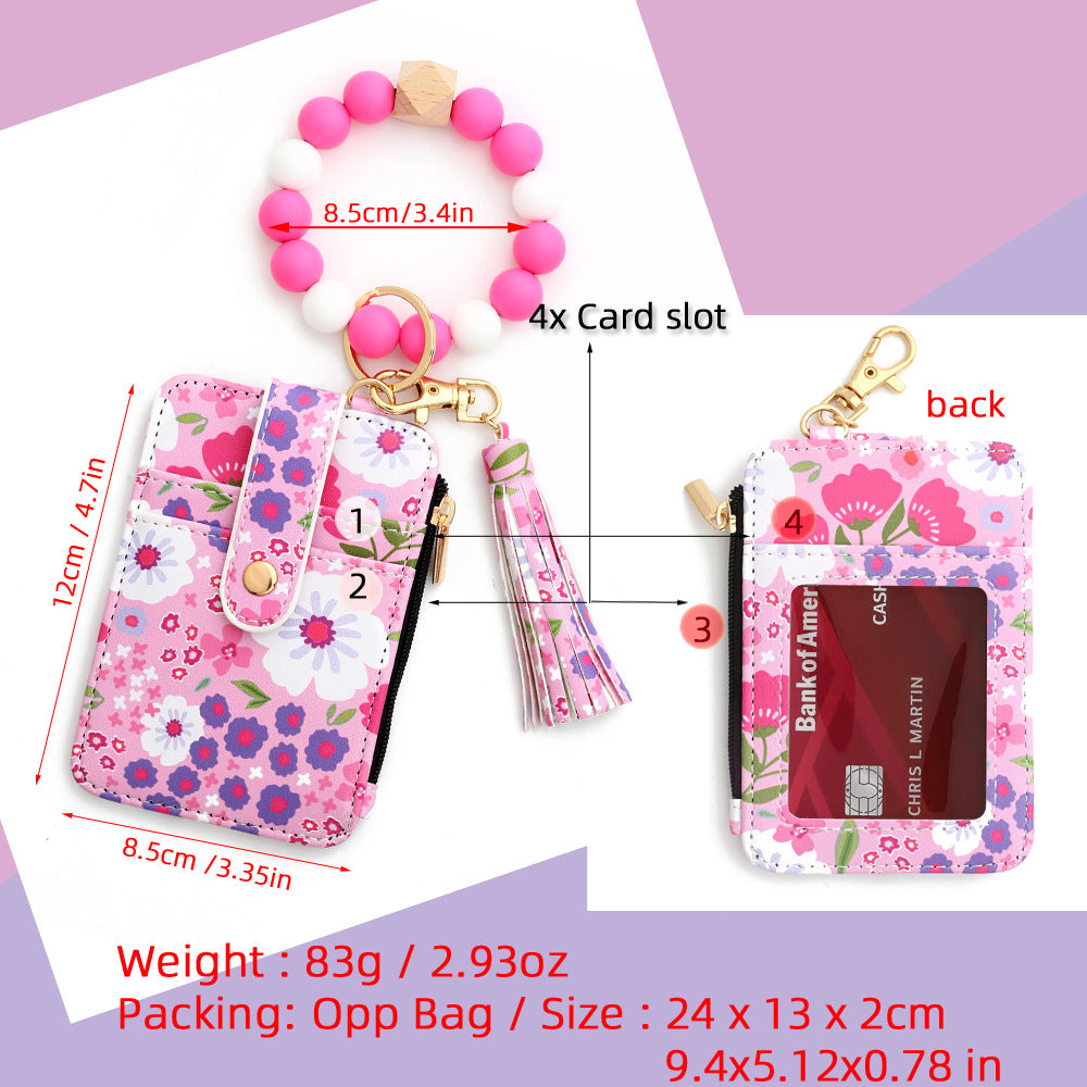 Floral Slim Card Holder Wallet with Beaded Keychain Bracelet & Tassel - 4 Card Slots, ID Window(Light pink) - Image 5