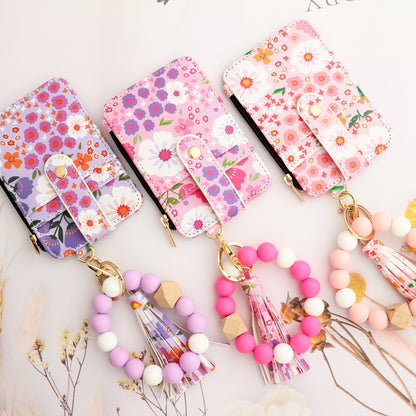 Floral Slim Card Holder Wallet with Beaded Keychain Bracelet & Tassel - 4 Card Slots, ID Window(Dark Pink) - Image 3