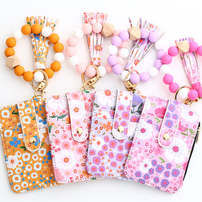 Floral Slim Card Holder Wallet with Beaded Keychain Bracelet & Tassel - 4 Card Slots, ID Window(Yellow) - Image 2