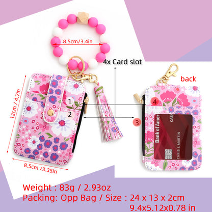 Floral Slim Card Holder Wallet with Beaded Keychain Bracelet & Tassel - 4 Card Slots, ID Window(Yellow) - Image 5