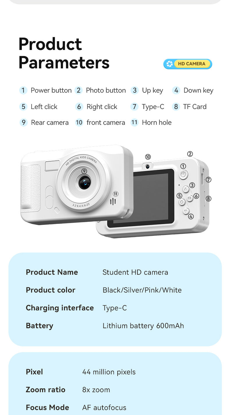 Student HD Digital Camera - 44MP, 8x Zoom, Autofocus, Dual Lens, Type-C Charging (Pink) - Image 7