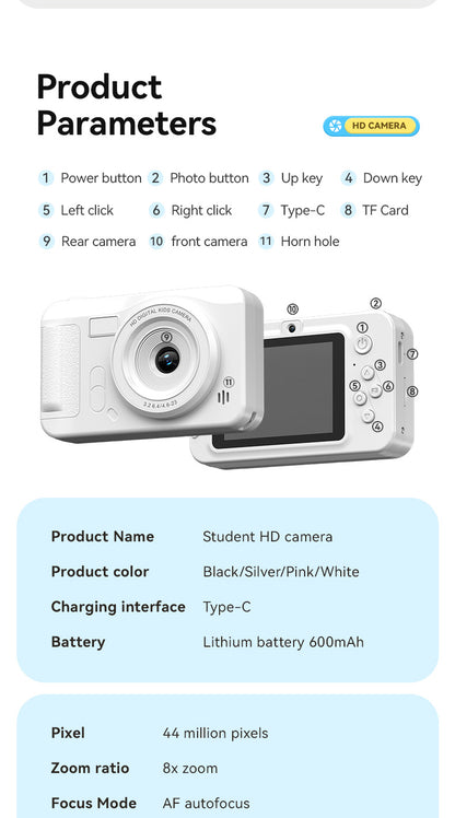 Student HD Digital Camera - 44MP, 8x Zoom, Autofocus, Dual Lens, Type-C Charging (Silver) - Image 7