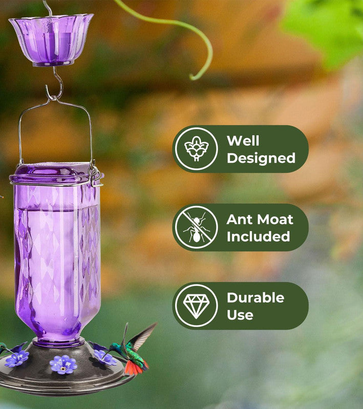 Elegant Hanging Hummingbird Feeder - Decorative Glass Nectar Bottle with Ant Moat, 6 Feeding Ports(Green) - Image 3