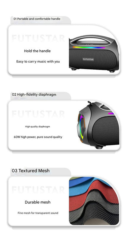 Portable Bluetooth 5.3 Speaker - 60W Powerful Sound, RGB Lights, Multiple Inputs(Blue) - Image 6